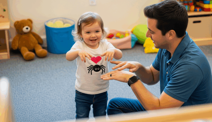 Songs for speech and language: Child acting out “The Itsy Bitsy Spider” with hand motions