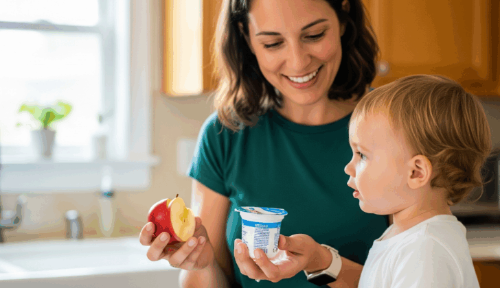 Offering choices during snack time helps promote early vocabulary.