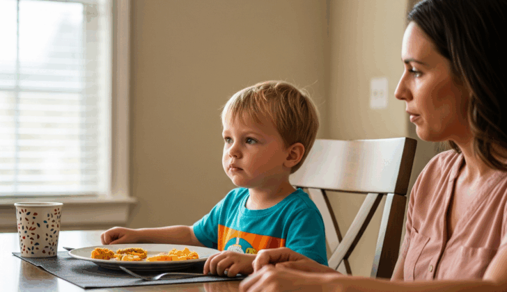 A young child turning away from a plate of food while a parent looks on gently—highlighting ARFID behavior.