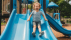 Young child sending a car down a small slide—ideal for practicing the /sl/ blend “slide” during playtime.