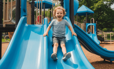 Young child sending a car down a small slide—ideal for practicing the /sl/ blend “slide” during playtime.