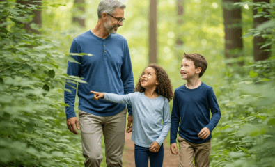 A parent and two children walking through a forest trail in long sleeves to avoid tick bites