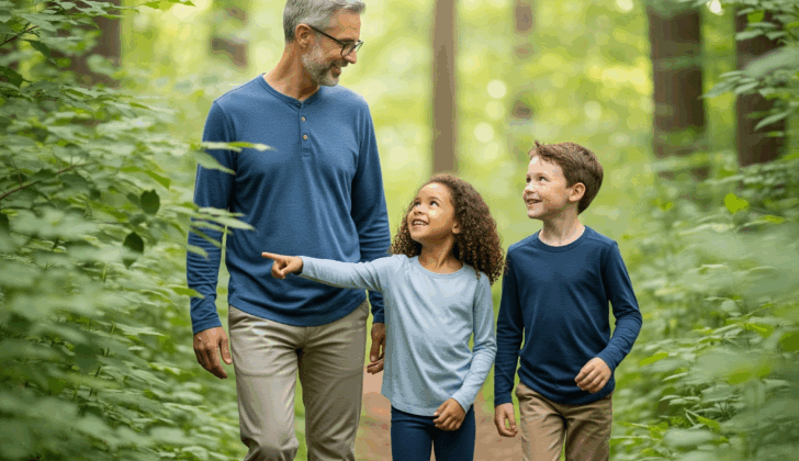 A parent and two children walking through a forest trail in long sleeves to avoid tick bites
