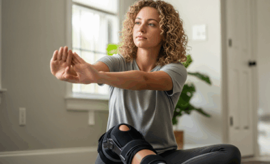 Young woman with hEDS wearing knee brace and stretching gently