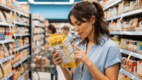 Woman reading ingredient label for sugar information