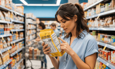 Woman reading ingredient label for sugar information