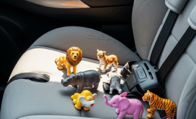 Mini animal toys used for speech sound practice in the car