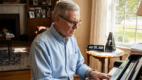Senior man playing piano to improve cognitive health
