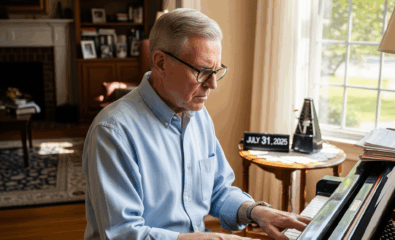 Senior man playing piano to improve cognitive health