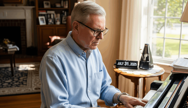 Senior man playing piano to improve cognitive health
