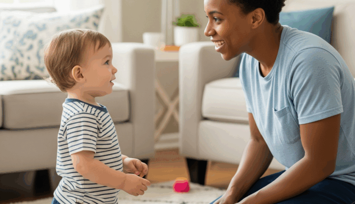 Parent watching attentively as the child points to a block, showing positive communication.