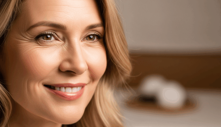 Smooth, glowing skin of a mature woman, representing possible results of peptide therapy.