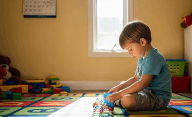 Child hyperfocused on lining up toy cars during play.