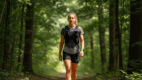 Woman walking on a trail wearing a black weighted vest