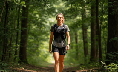 Woman walking on a trail wearing a black weighted vest