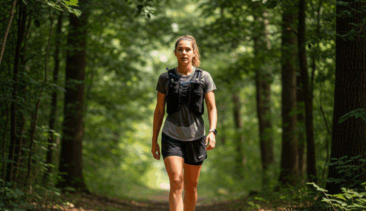 Woman walking on a trail wearing a black weighted vest