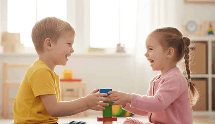 Children practicing sharing during playtime as described in a social story.