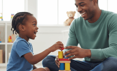 Parent and child practicing sharing during playtime as described in a social story.