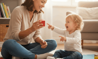 Parent encouraging communication through play with a child who uses echolalia.