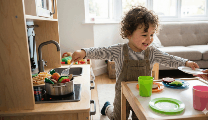 A pretend kitchen is a great holiday gifts for language development.