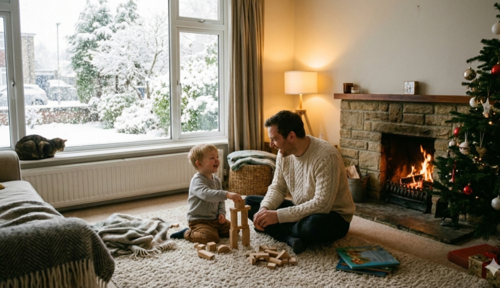 Parent and child playing indoors on a snow day