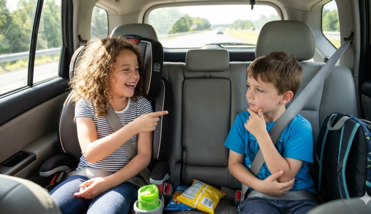 Siblings sitting in the back seat playing a verbal road trip game together