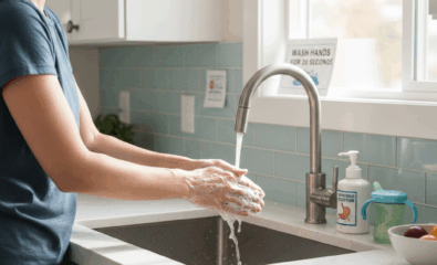 Parent washing hands at the kitchen sink to prevent norovirus spread.