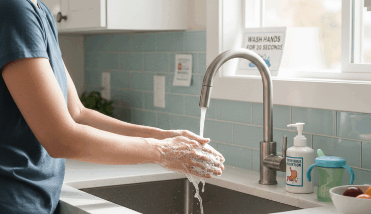 Parent washing hands at the kitchen sink to prevent norovirus spread.
