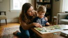 Parent calmly helping a frustrated child with a puzzle during play.