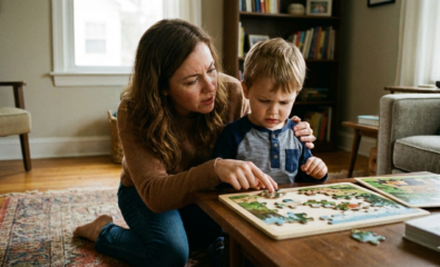 Parent calmly helping a frustrated child with a puzzle during play.