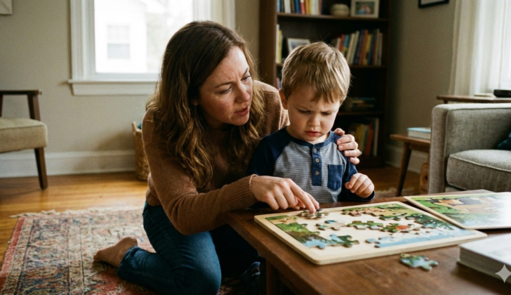Parent calmly helping a frustrated child with a puzzle during play.