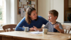 Parent listening attentively to a child’s speech during a conversation