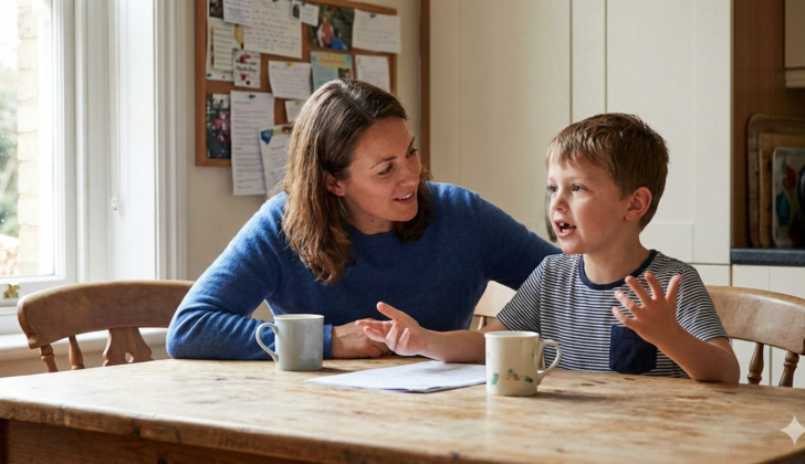 Parent listening attentively to a child’s speech during a conversation