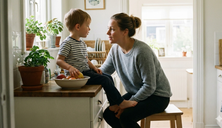 A parent offering calm reassurance to a young child, representing supportive responses to vocal tics in children.
