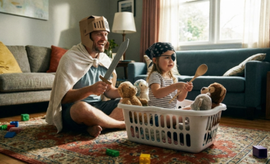 Parent modeling clear speech during play with child.