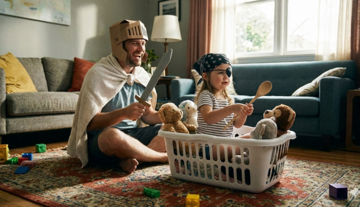 Parent modeling clear speech during play with child.