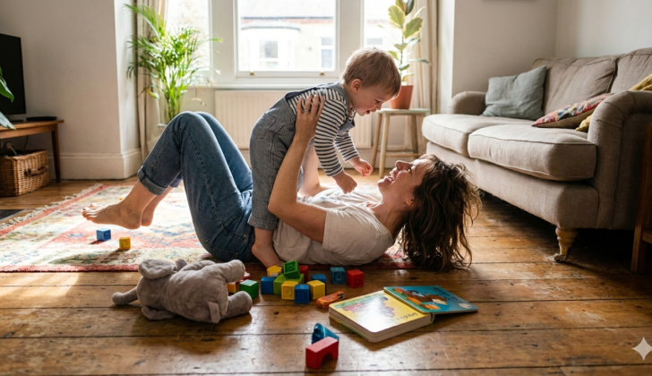 Parent modeling correct language while playing with toddler on the floor