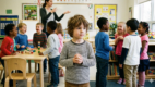 Young child standing quietly in a classroom while classmates talk