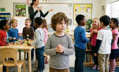 Young child standing quietly in a classroom while classmates talk