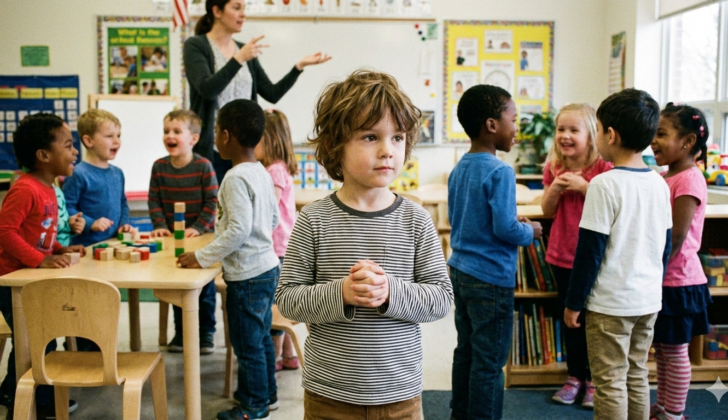 Young child standing quietly in a classroom while classmates talk