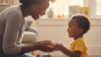 Parent copying a toddler’s play to encourage language development.