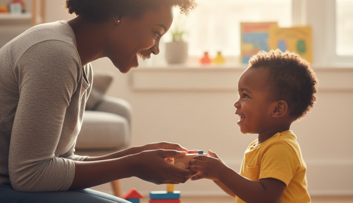 Parent copying a toddler’s play to encourage language development.