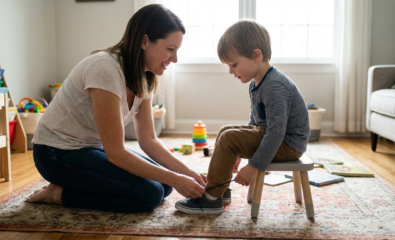 A calm parent supporting a young child’s communication efforts using patience and gentle language.