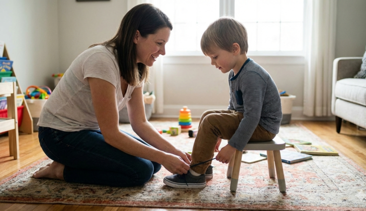 A calm parent supporting a young child’s communication efforts using patience and gentle language.