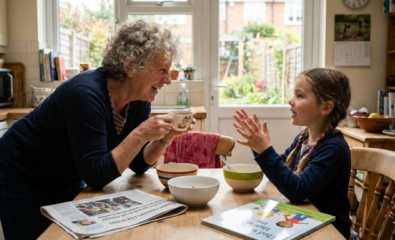 A happy child engaged in conversation with their grandparent, symbolizing confidence in bilingual communication.