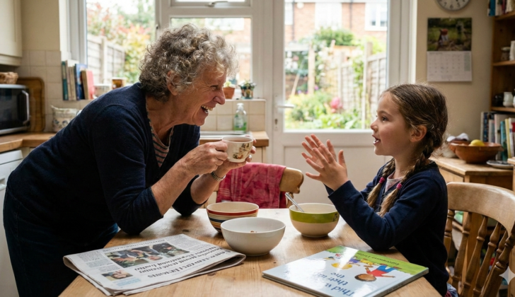 A happy child engaged in conversation with their grandparent, symbolizing confidence in bilingual communication.