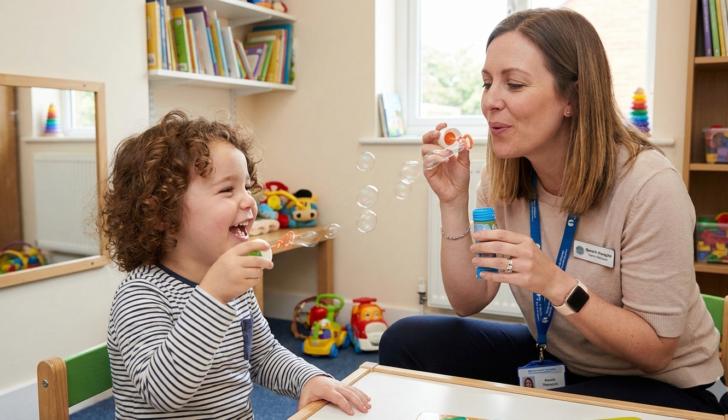 Speech therapist using play-based speech therapy with a young child