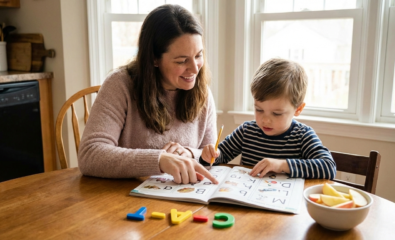 Parent helping preschool child blend letter sounds into a simple word.