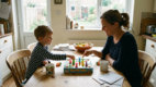 Parent and child practicing turn-taking with a simple board game at home.
