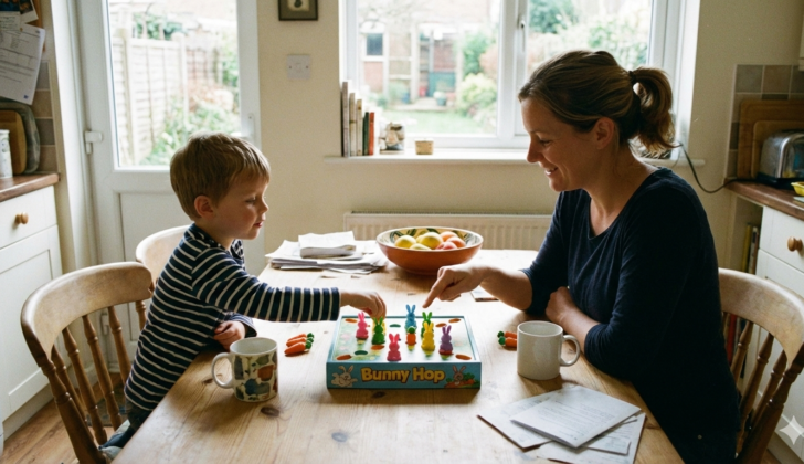 Parent and child practicing turn-taking with a simple board game at home.